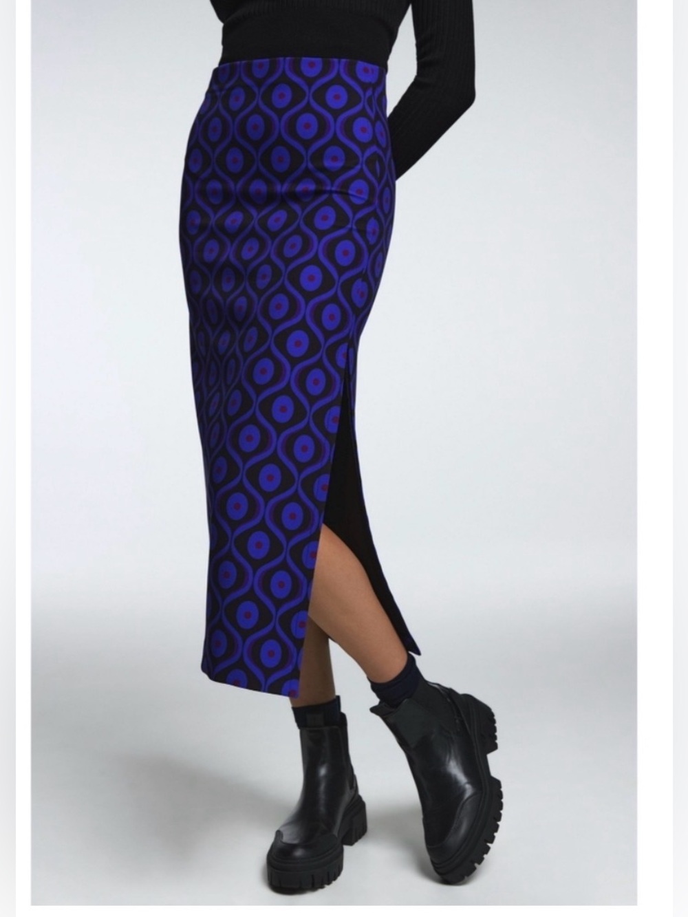 Zara Geometric Print Midi Pencil Skirt High Waist Side Slit Mod Retro Size S